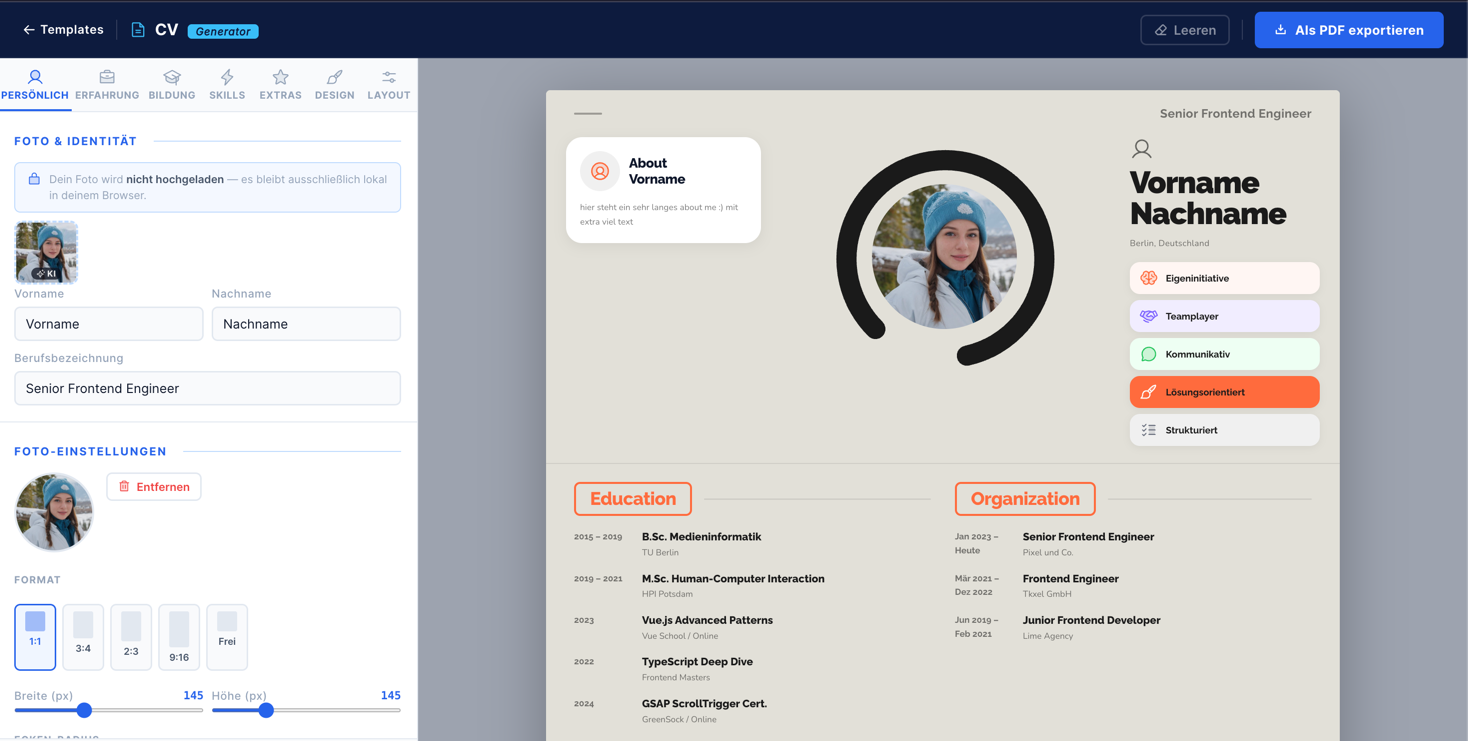 CV Generator split-pane workspace